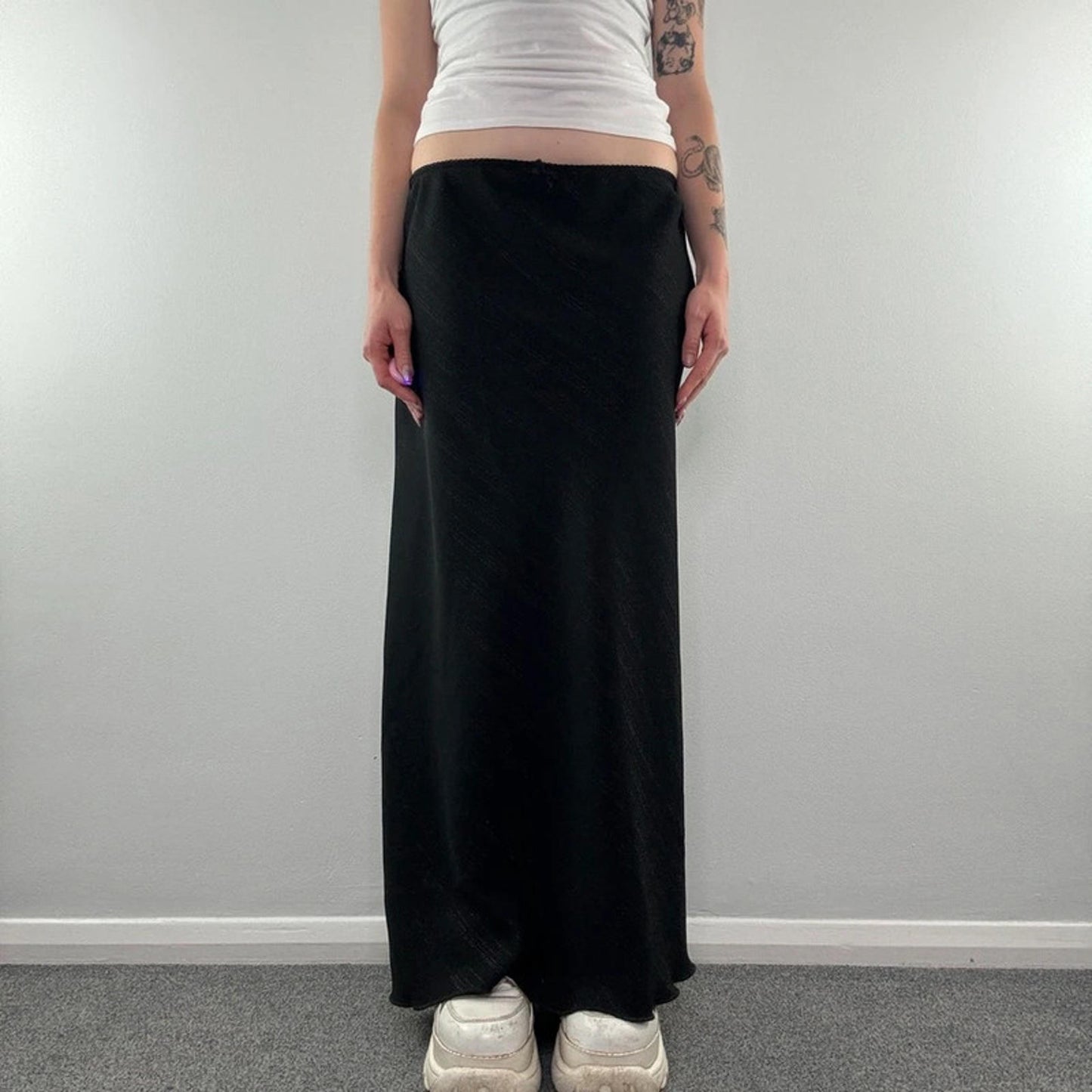 Y2K vintage sparkly stripe bow maxi skirt stretchy office work formal flowy