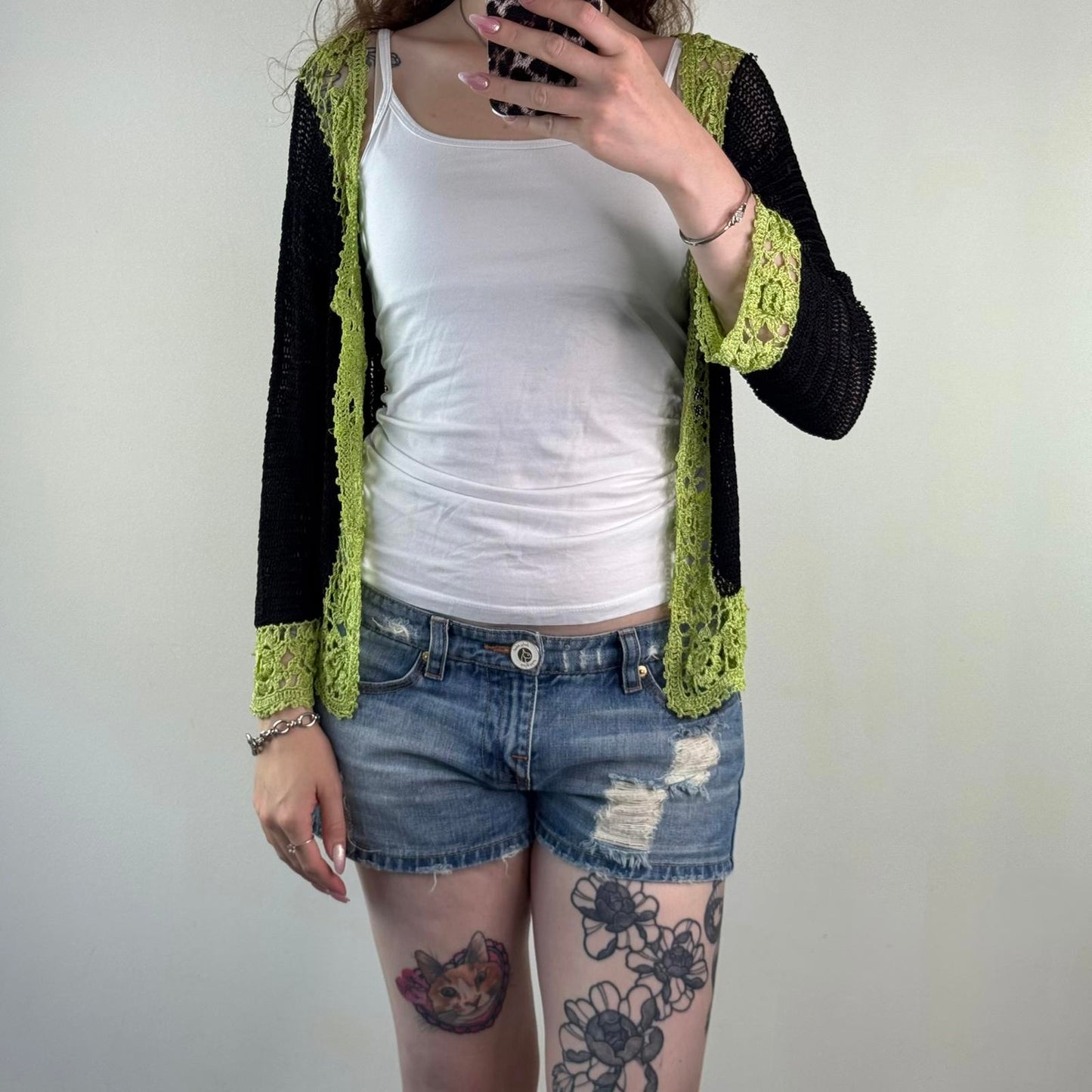 Y2K vintage crochet button up cardigan black green v neck floral pattern sheer