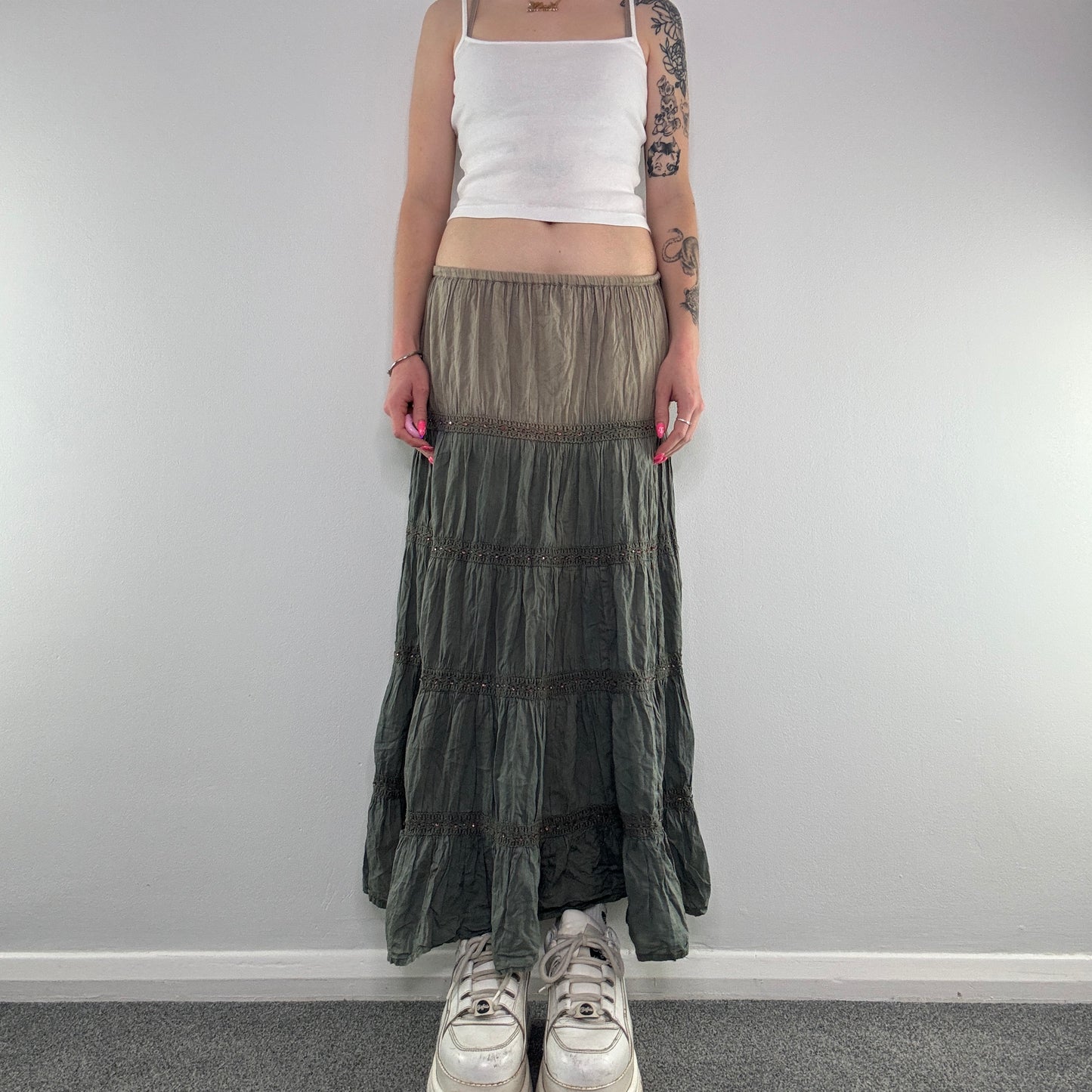 Y2K beaded lace trim boho maxi skirt