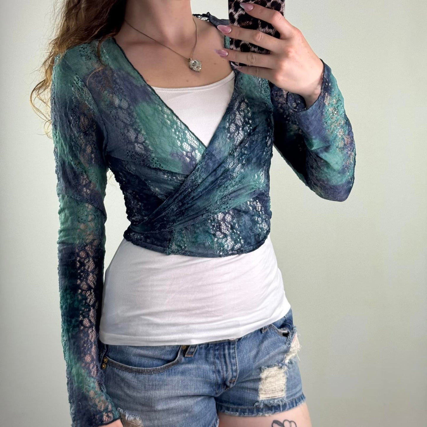 Y2K vintage wrap around cardigan sheer lace blue ombre tie bow adjustable