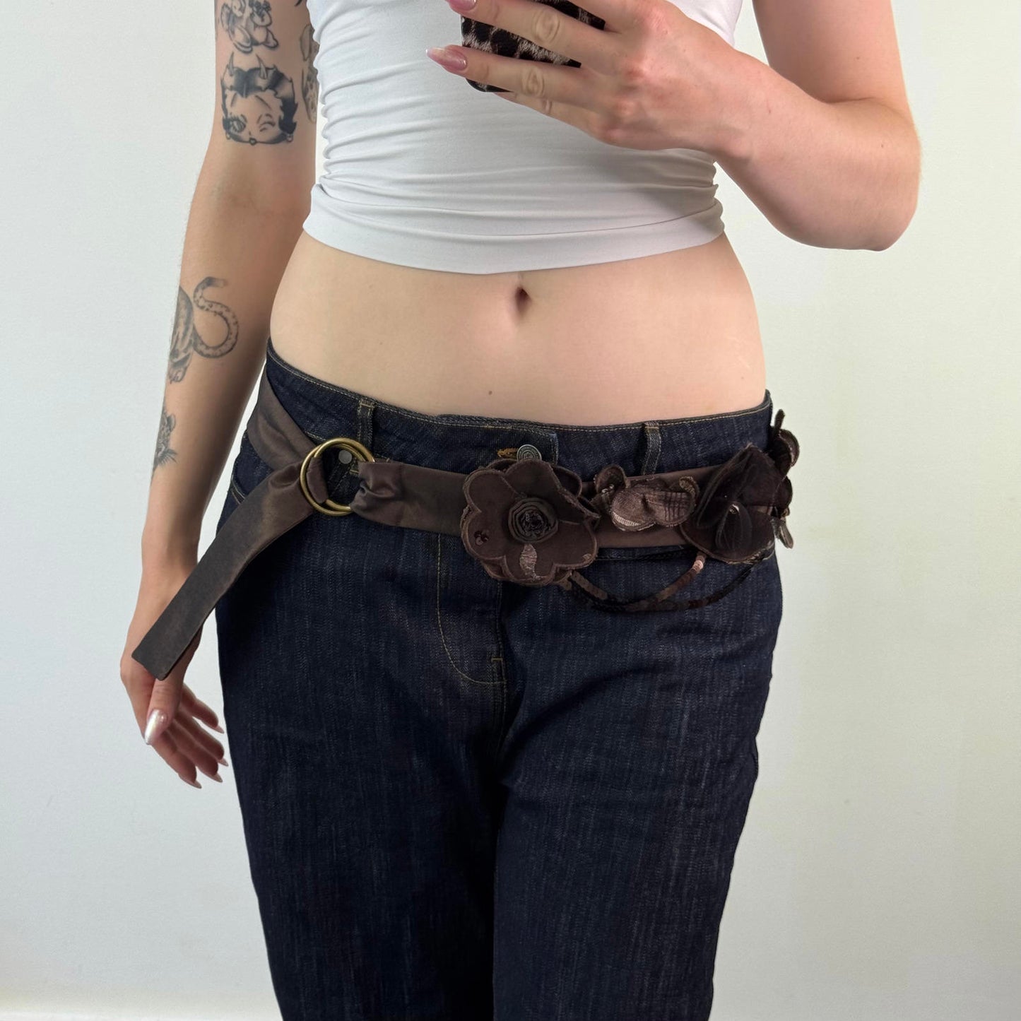 Y2K vintage adjustable floral 3D satin sequin belt embellished o d ring tartan