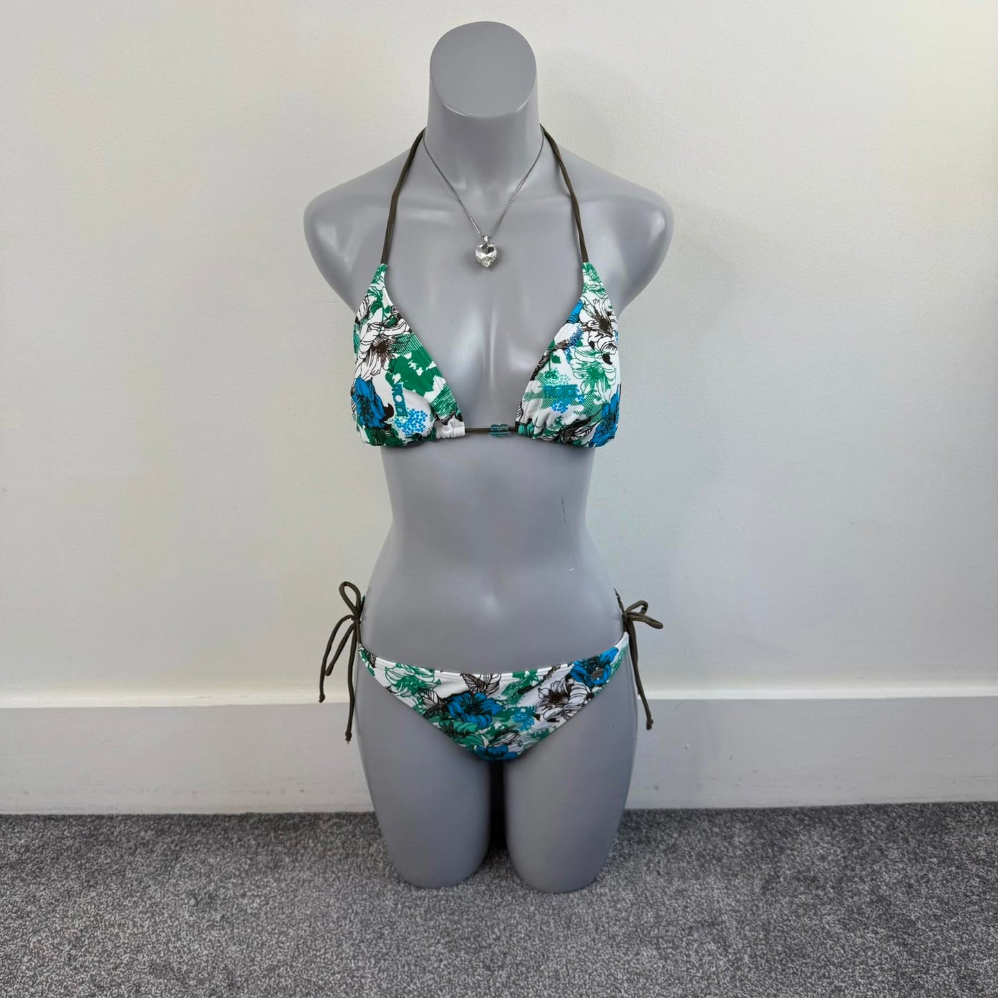 Y2K vintage floral matching bikini set halter neck top adjustable bow white blue