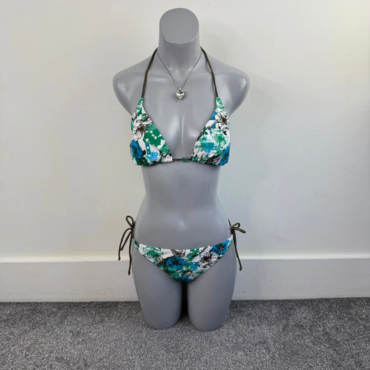 Y2K vintage floral matching bikini set halter neck top adjustable bow white blue