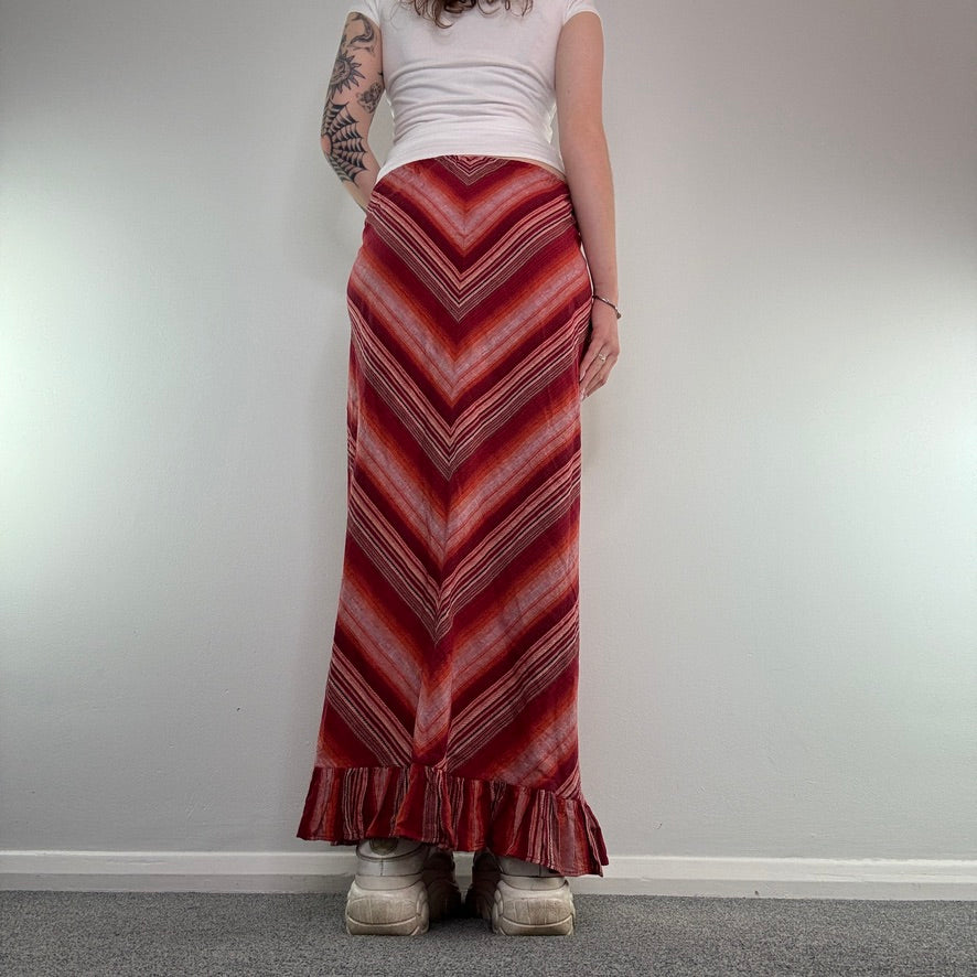 Y2K boho stripy bow chevron maxi skirt frilly hem