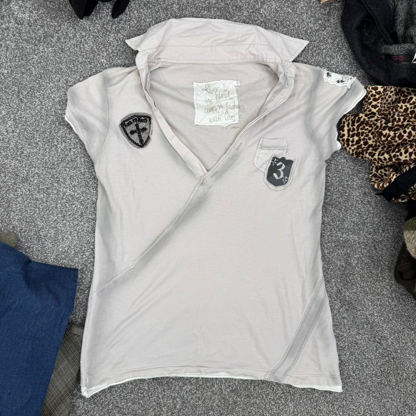 Y2K vintage River Island polo t shirt top v neck grey cross patches collared