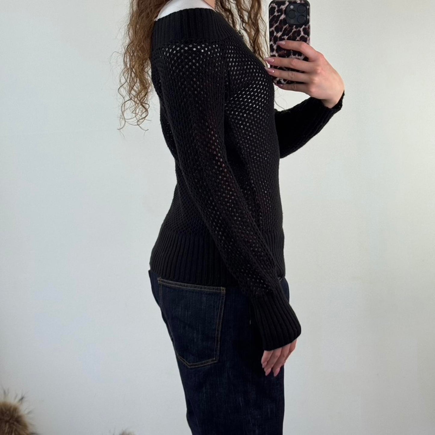 Y2K vintage perforated knitted sheer jumper open neck black