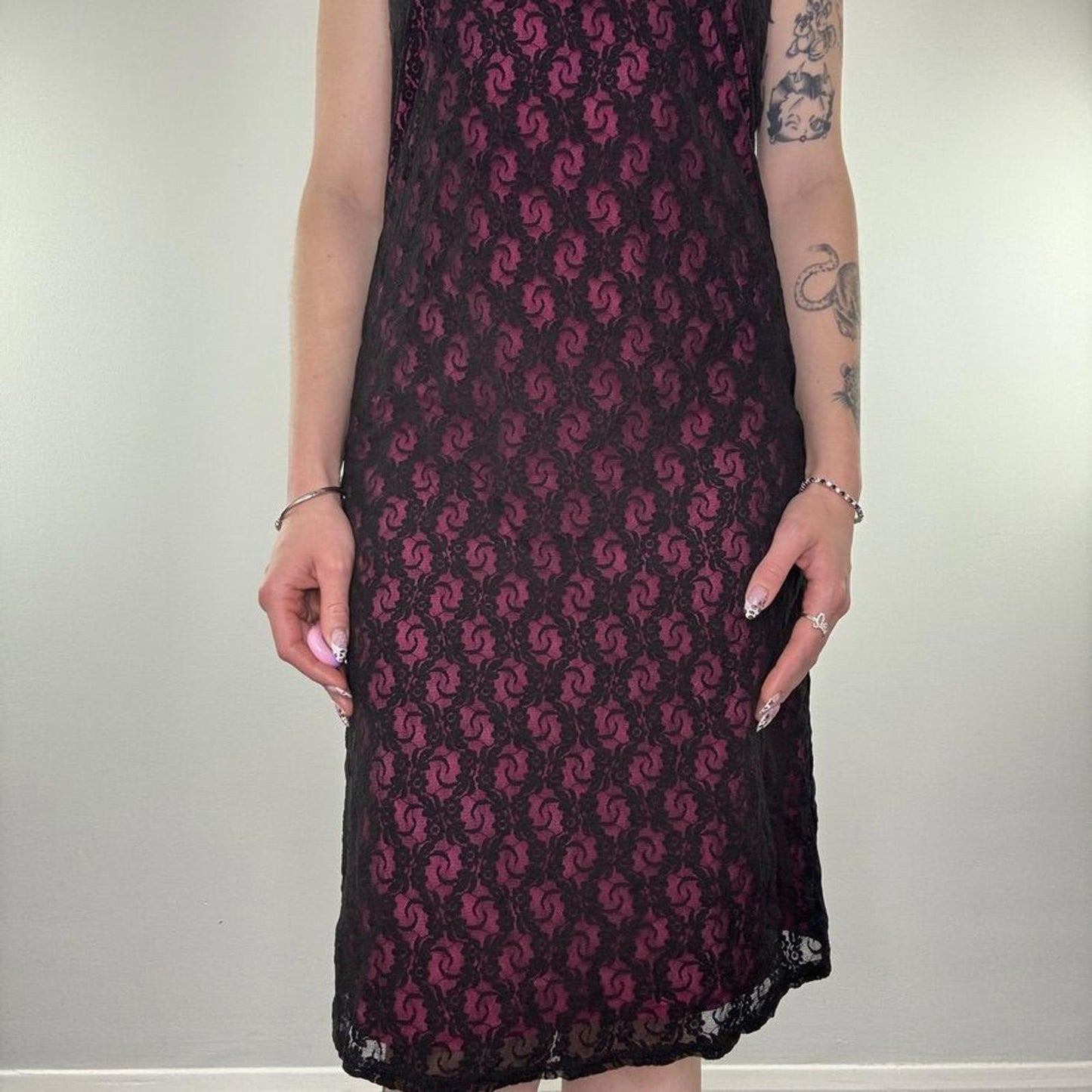 Y2K vintage midi dress mesh overlay floral lace open low back bow pink black