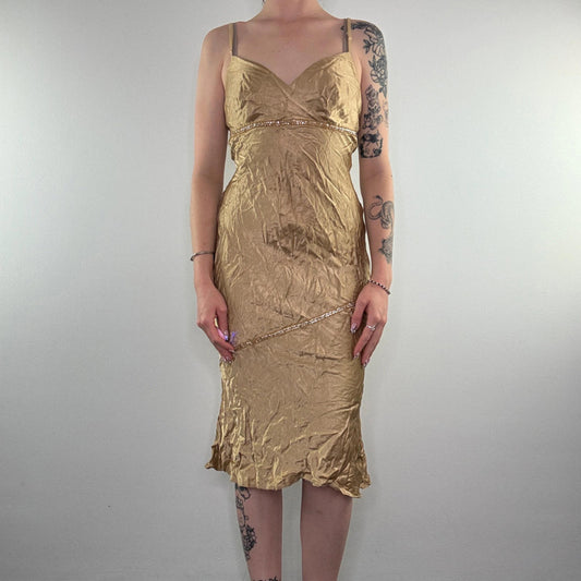 Y2K vintage satin style sequin party midi dress knee length gold strappy v neck