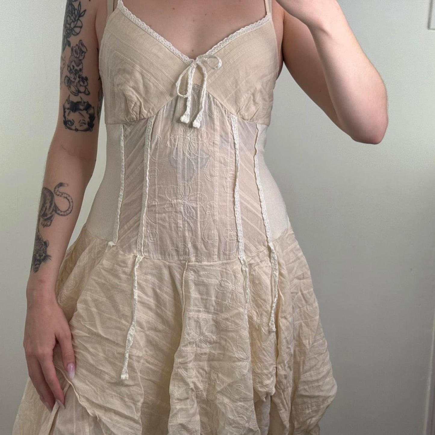 Y2K vintage a line midi dress ruffle fairy boho stripe floral embroidered bow