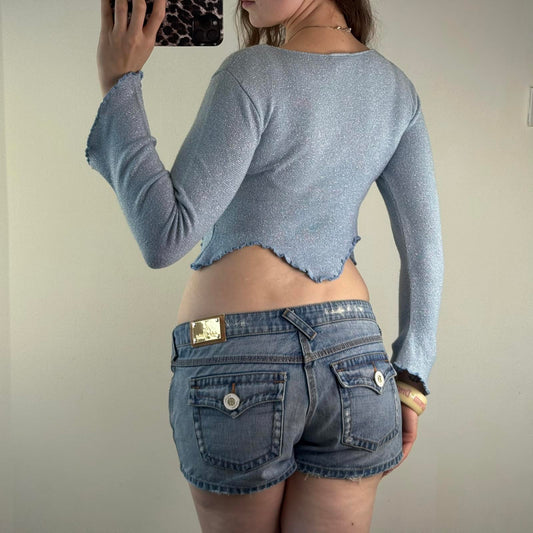 Y2K vintage sparkly knit cropped jumper long flare sleeve fairy lettuce hem
