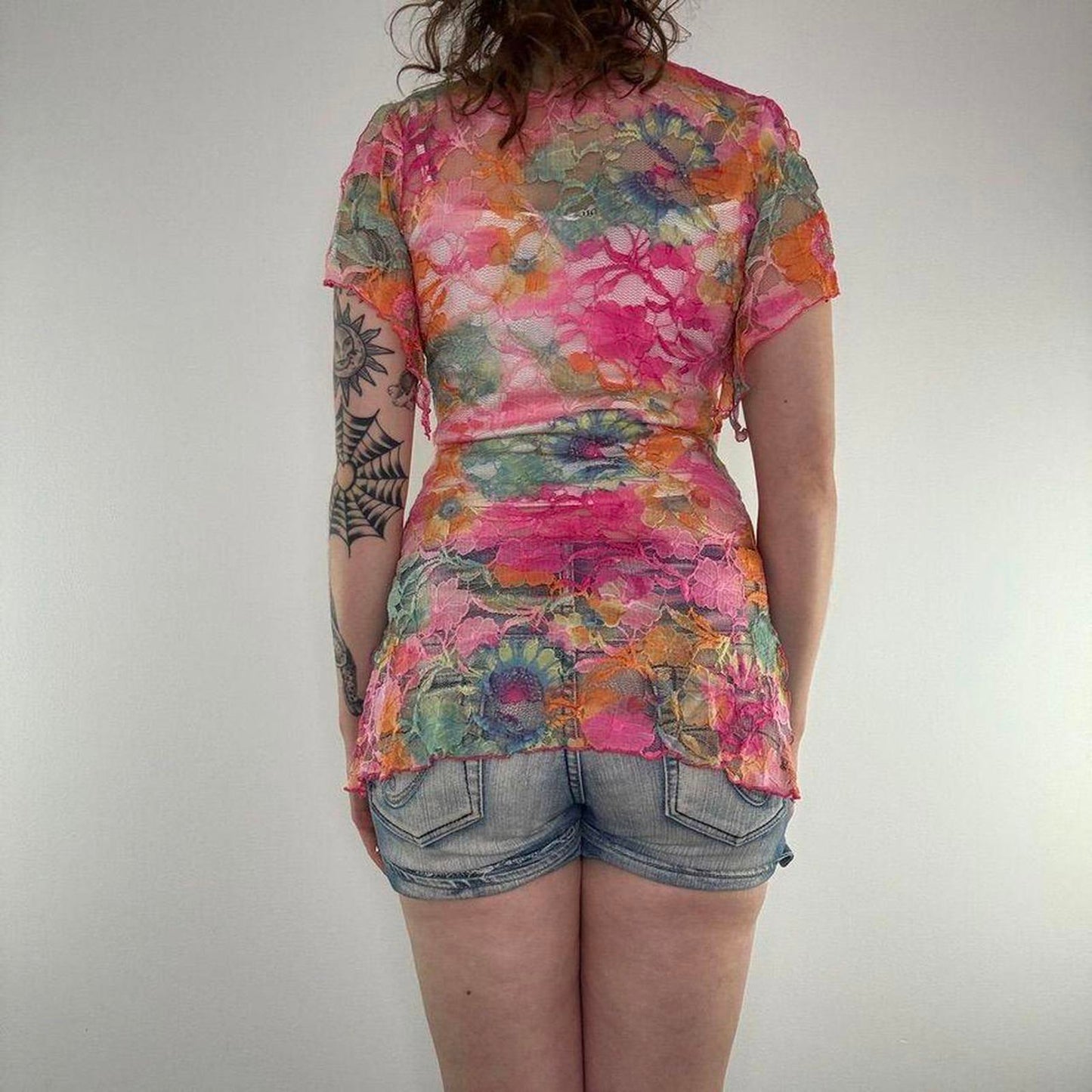 Y2K vintage floral lace top asymmetric frill short sleeve pink multi v neck mesh