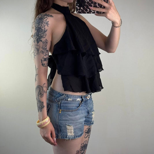 Y2K vintage high neck ruffle top choker halter tiered backless party clubbing