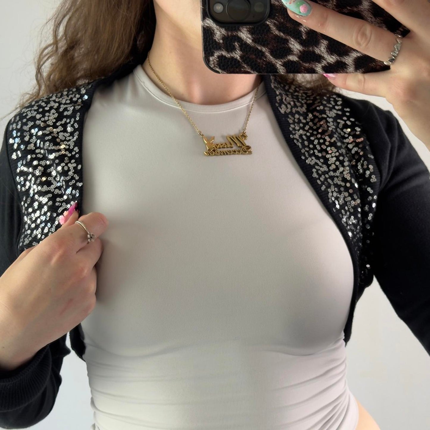 Y2K vintage black cropped cardigan bolero silver sparkly glitter long sleeve