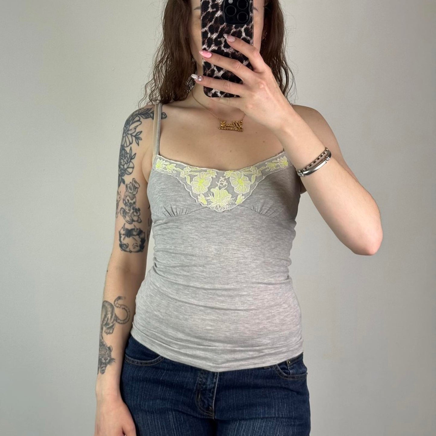 Jane Norman cami top ruched bust floral mesh embroidery