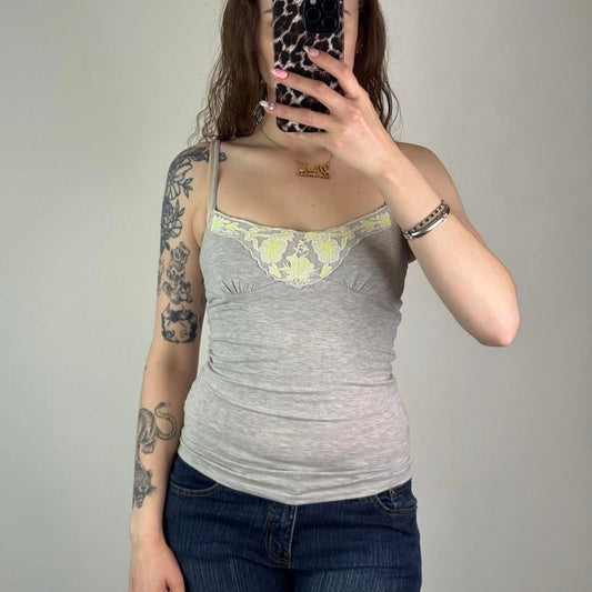 Jane Norman cami top ruched bust floral mesh embroidery