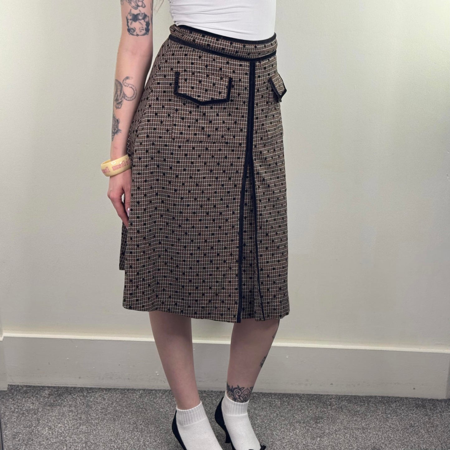 Y2K vintage polka dot midi skirt a line houndstooth velvet trim flowy circle