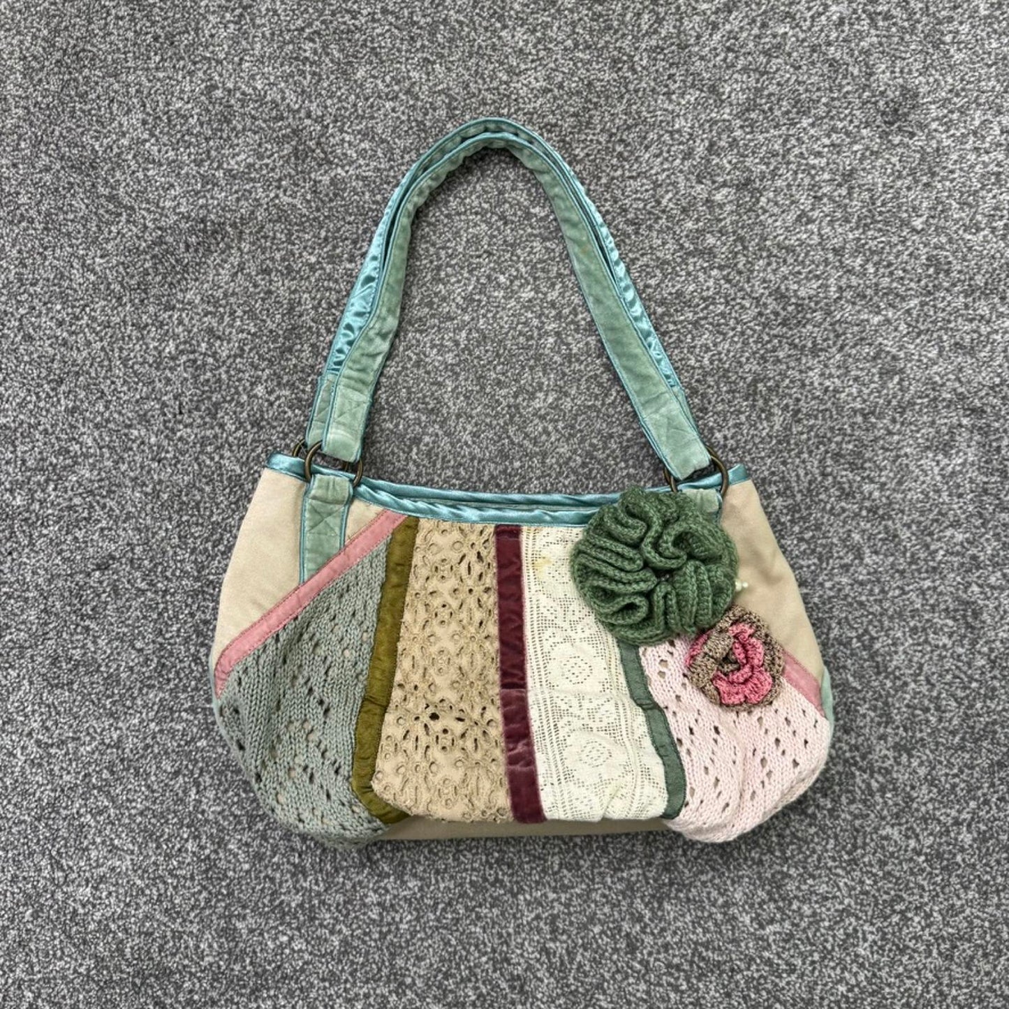 Y2K vintage patchwork shoulder bag crochet knit lace floral velour pastel multi