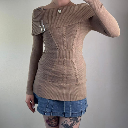 Vintage Jane Norman off the shoulder bardot fine knit jumper buckles cable beige