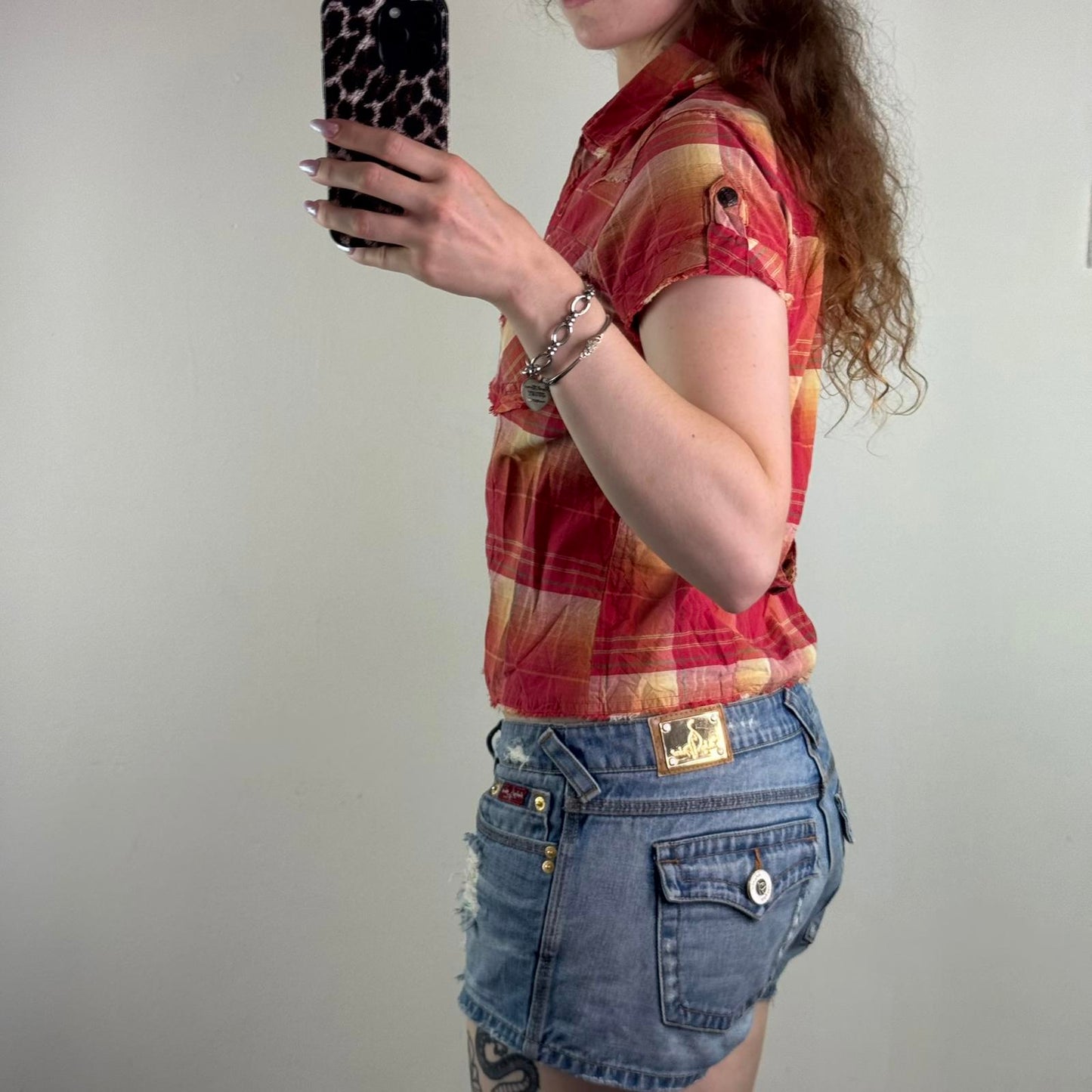 Y2K vintage check print tartan shirt short sleeve popper button up red yellow