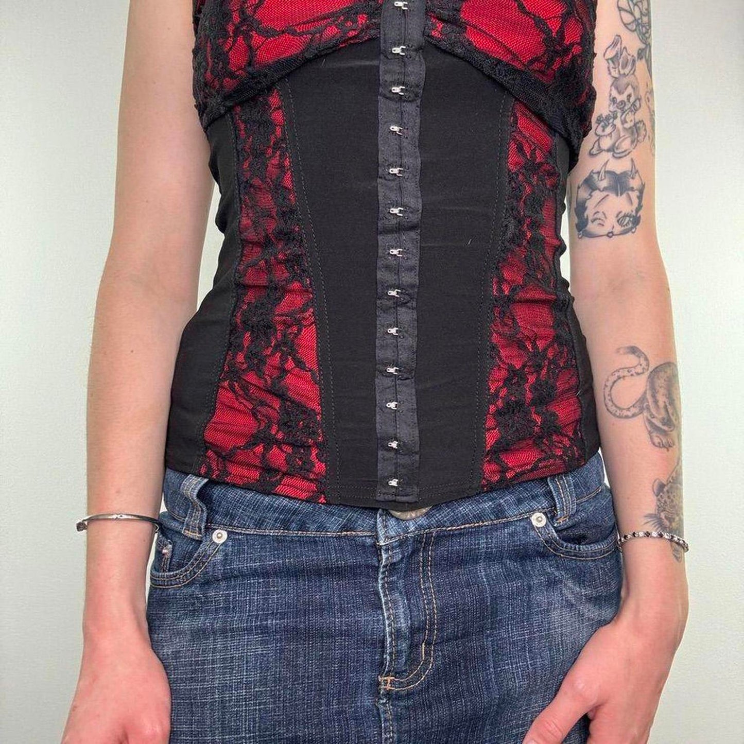 Y2K vintage strapless hook and eye style lace top stretchy red black bandeau
