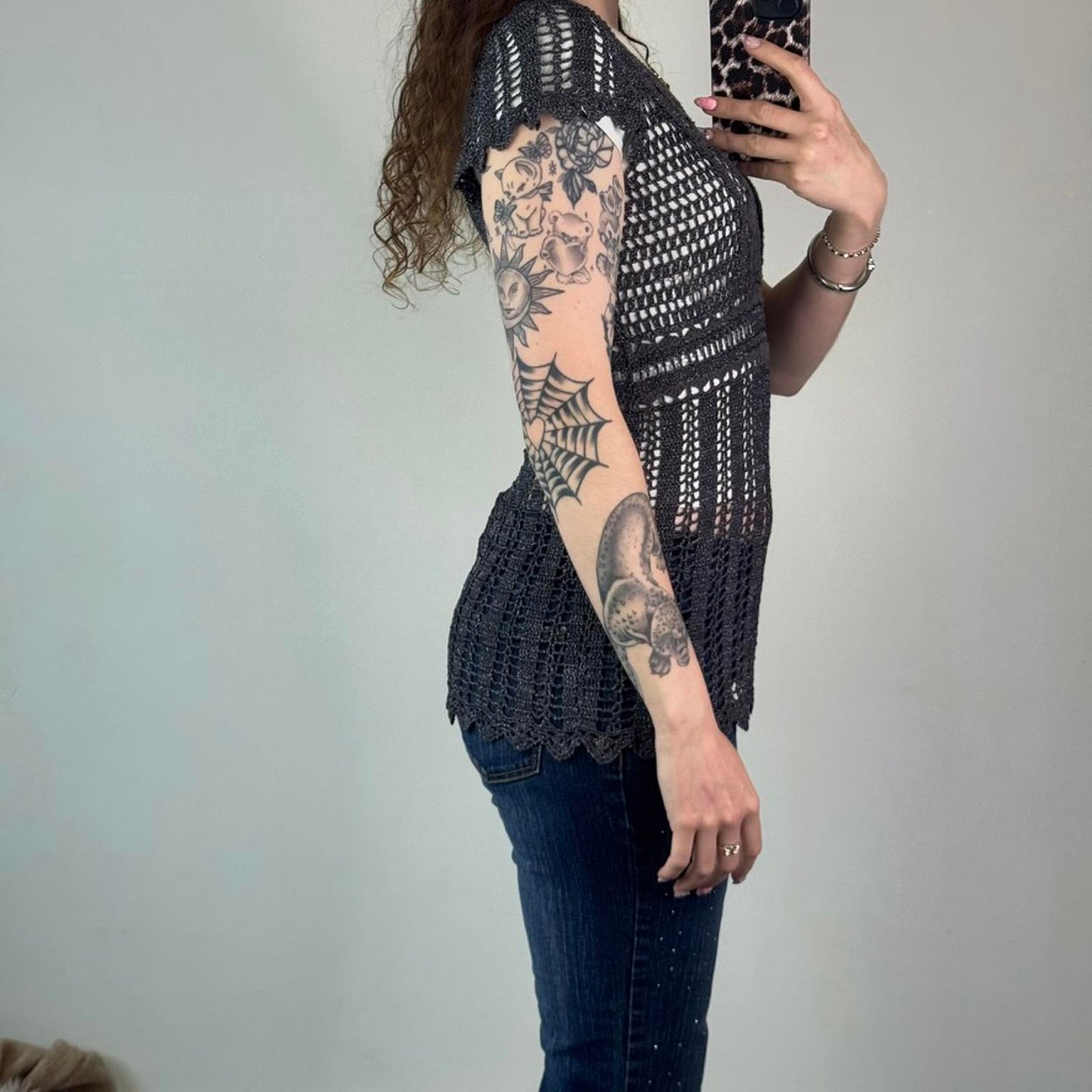 Y2K vintage crochet top sparkly knit short sleeve long length dark grey boho