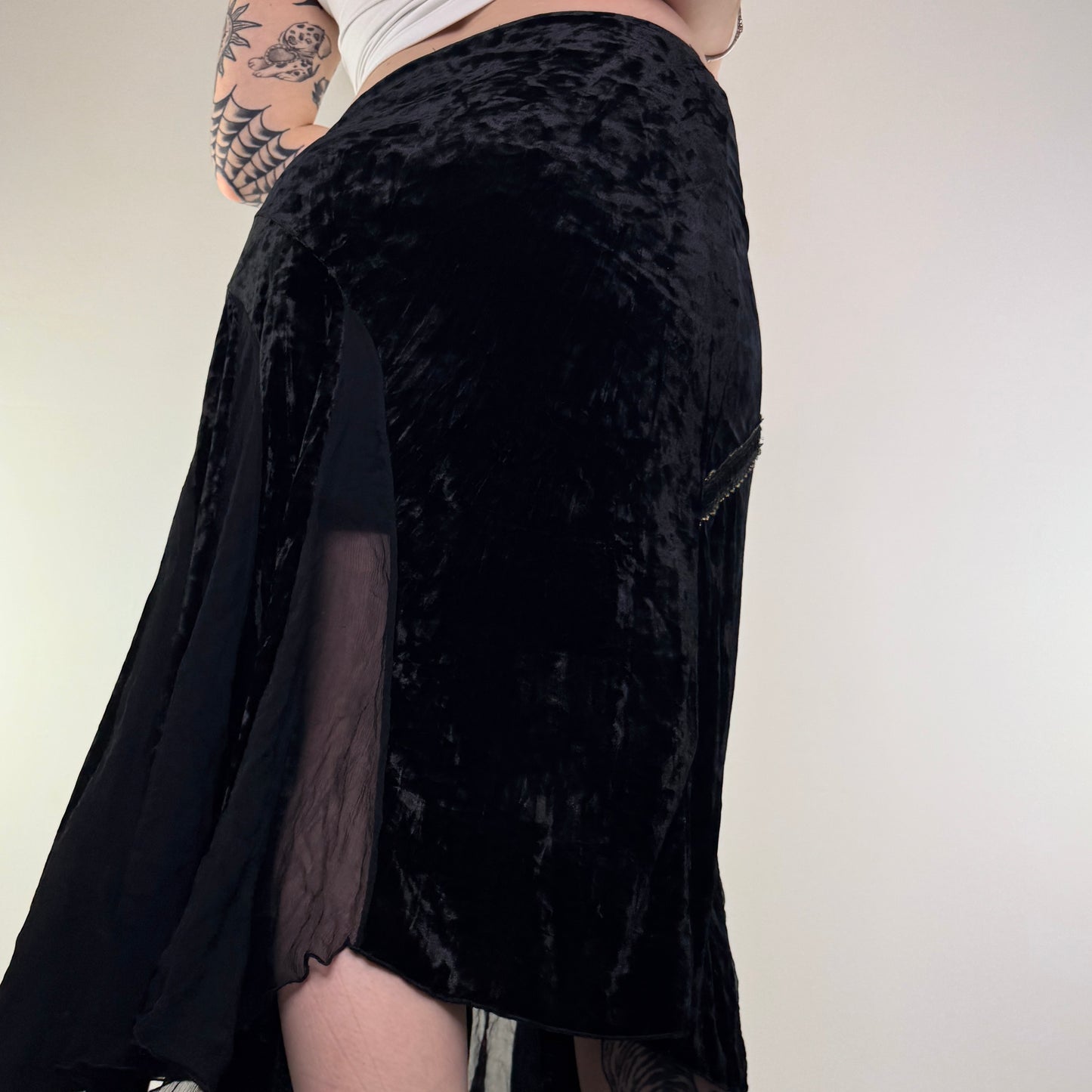 Y2K vintage asymmetrical mesh velvet midi skirt