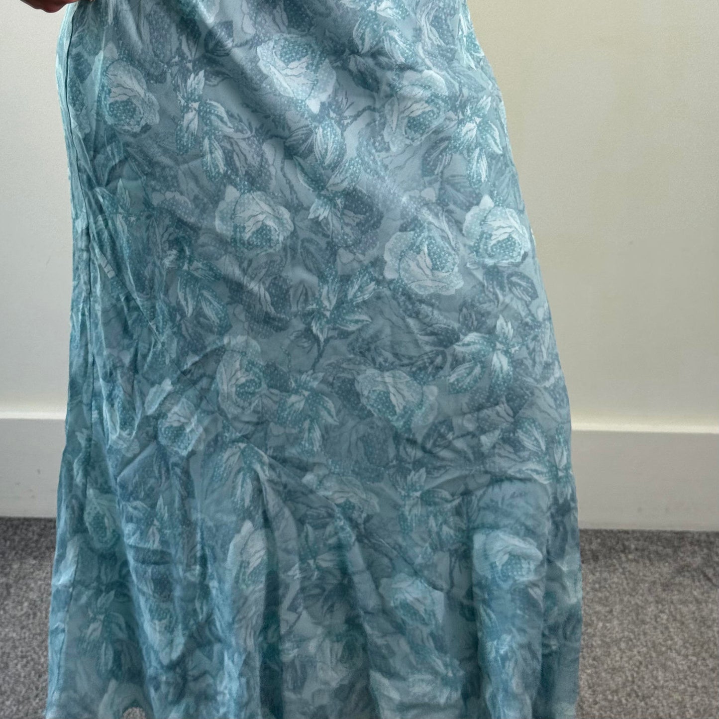 Y2K vintage floral rose maxi skirt a line stretch waist light blue feminine