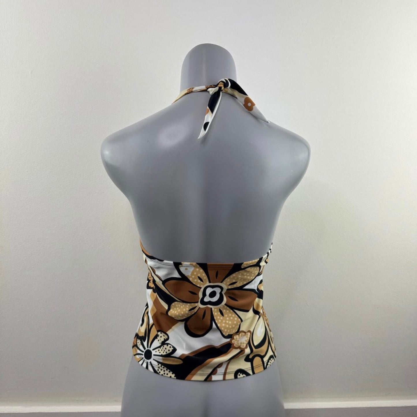 Y2K vintage halter neck swimwear top v neck padded bust beaded floral pattern