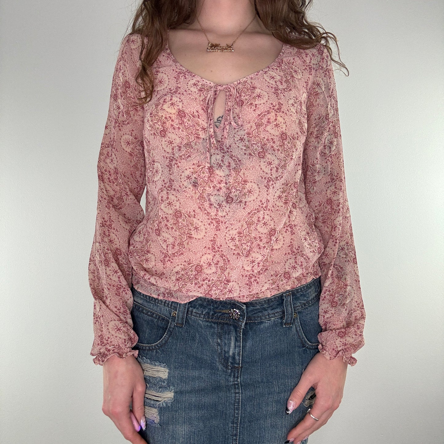 Y2K floral elastic waist sheer long sleeve top