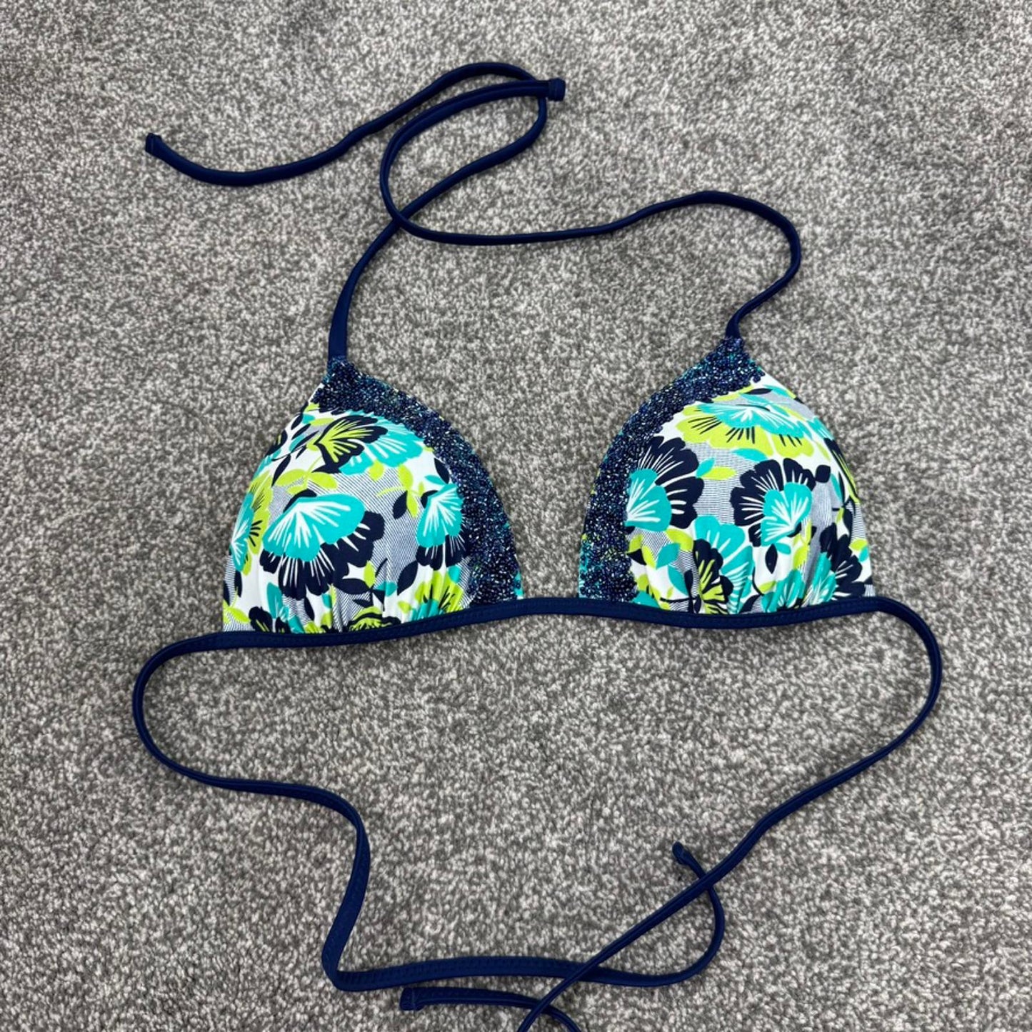 Y2K vintage light push up halter neck bikini top floral print beaded