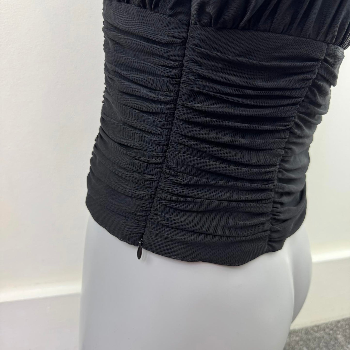 Y2K vintage ruched mesh top bustier black strappy straight neckline