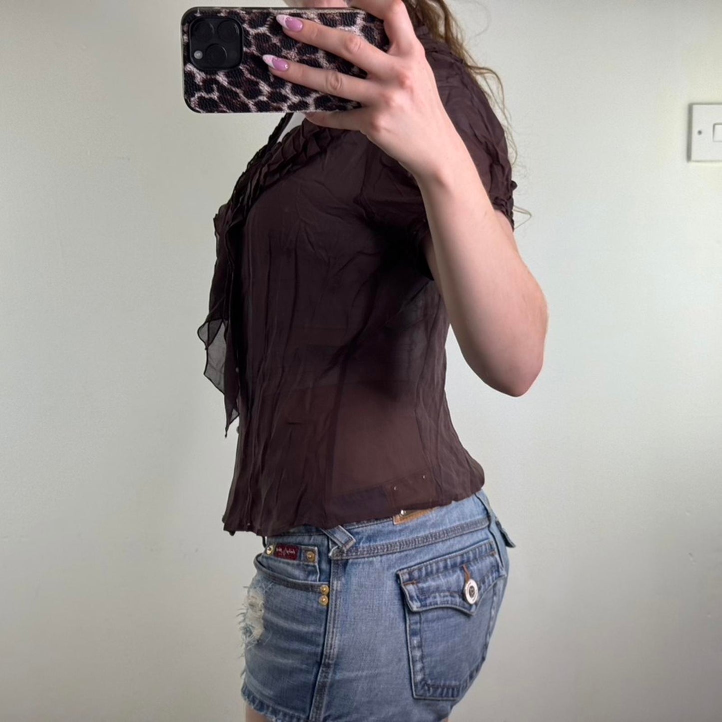 Y2K vintage 100% pure silk short sleeve blouse v neck pleated ruffle frill sheer