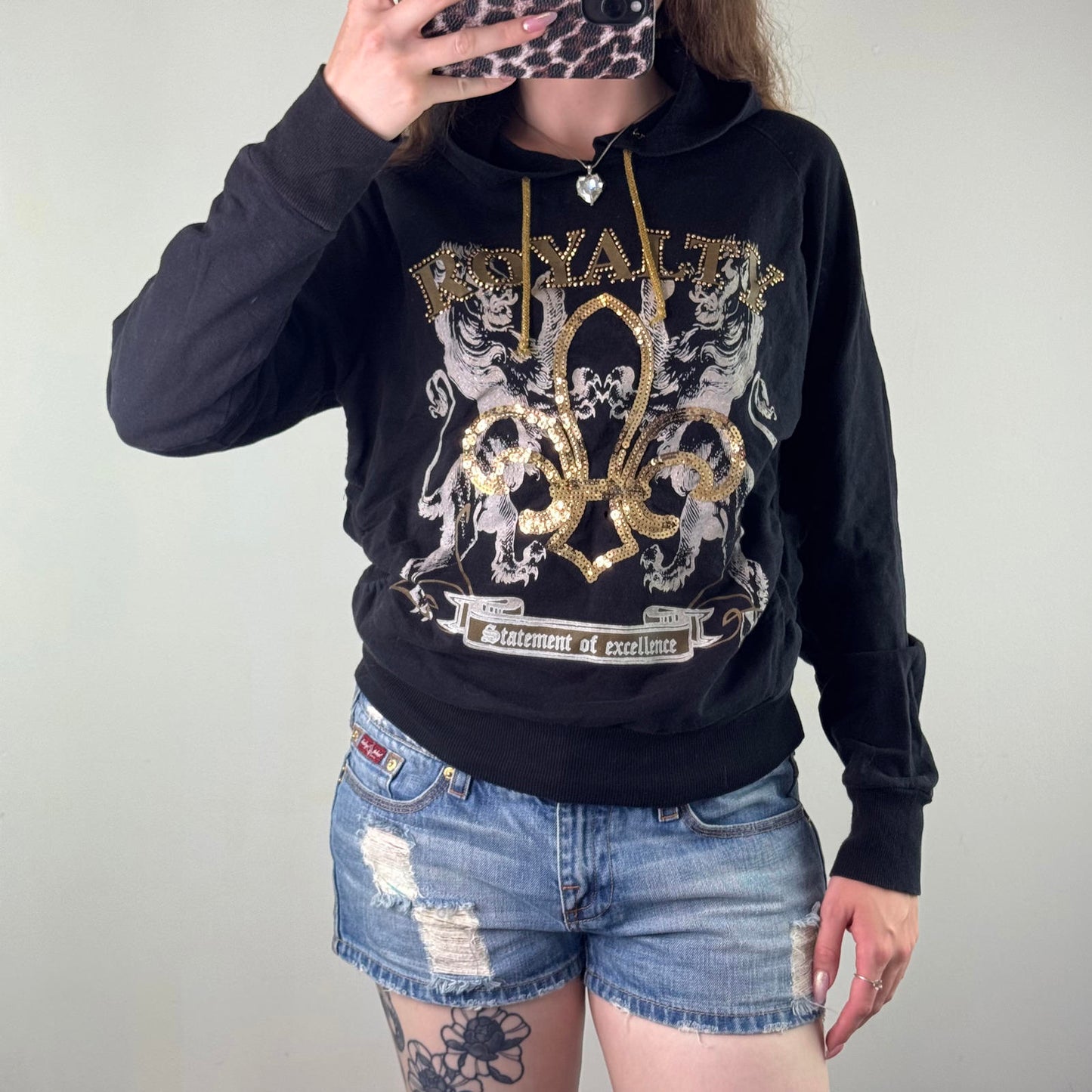 Y2K vintage lightweight hoodie filigree sequin studded graphic print mcbling
