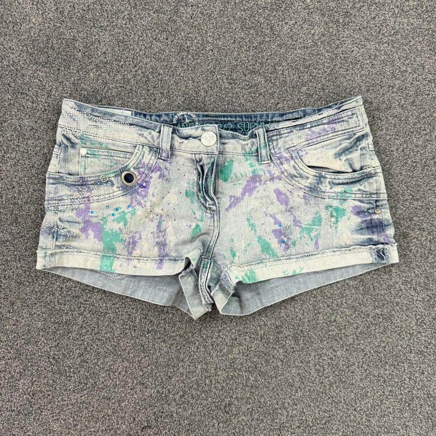 Y2K vintage low rise mini denim shorts paint splattered rhinestone embellished