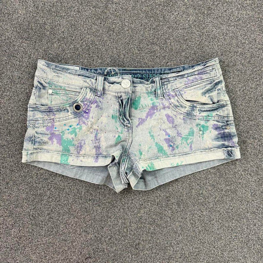 Y2K vintage low rise mini denim shorts paint splattered rhinestone embellished