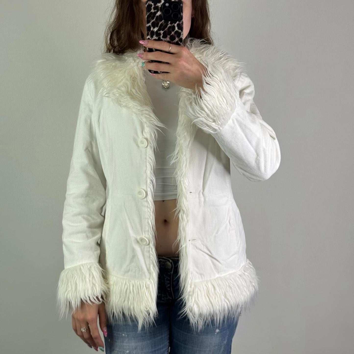 Y2K vintage afghan faux fur trim coat button up soft touch jacket white size 10