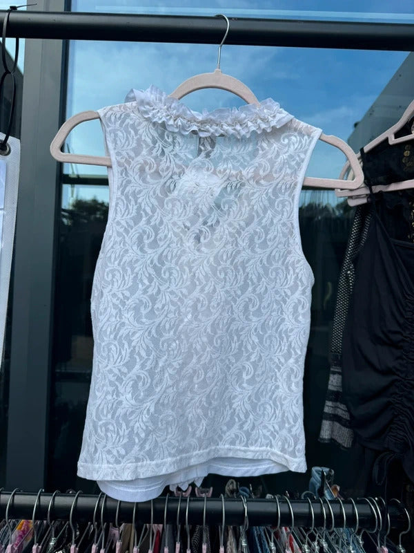 Y2K vintage lace sheer mesh ruffle tank top v neck