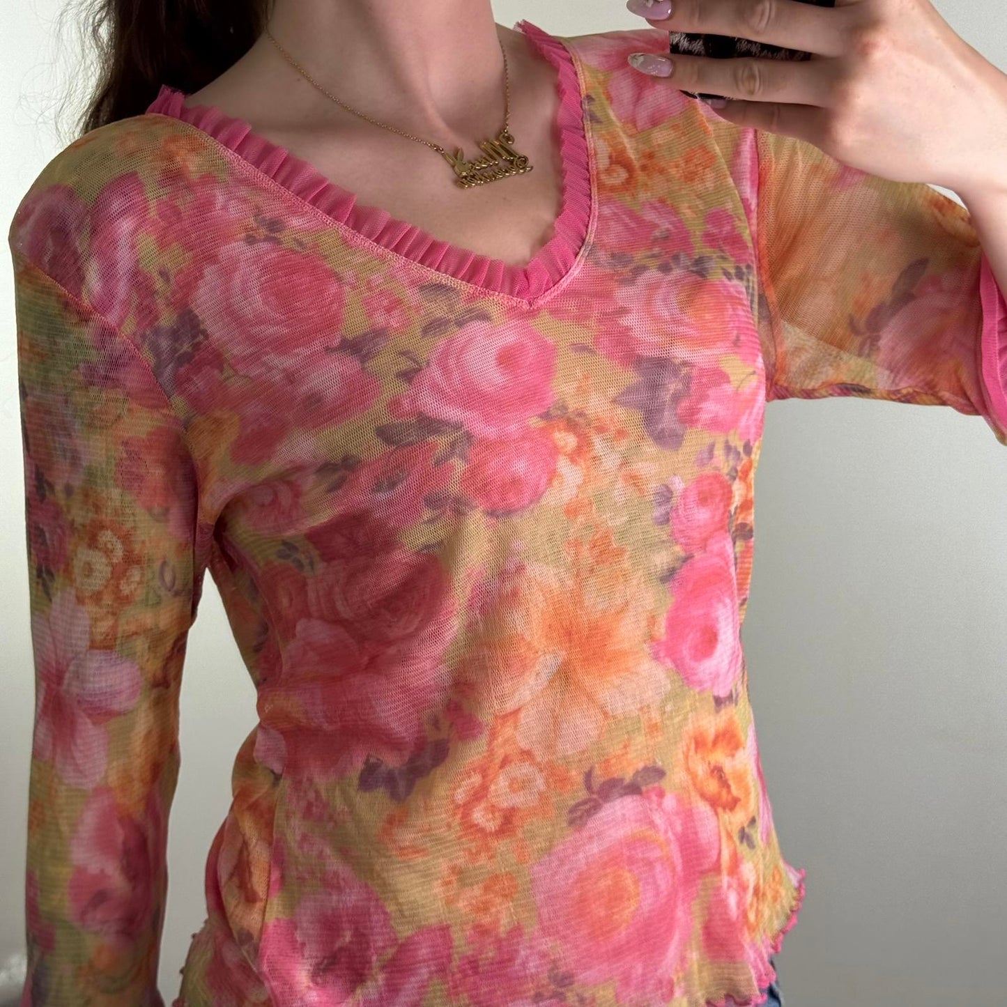 Y2K vintage floral double mesh overlay 3/4 sleeve top v neck frill pink orange