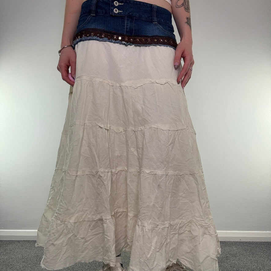 Y2K vintage low rise denim boho tiered maxi skirt