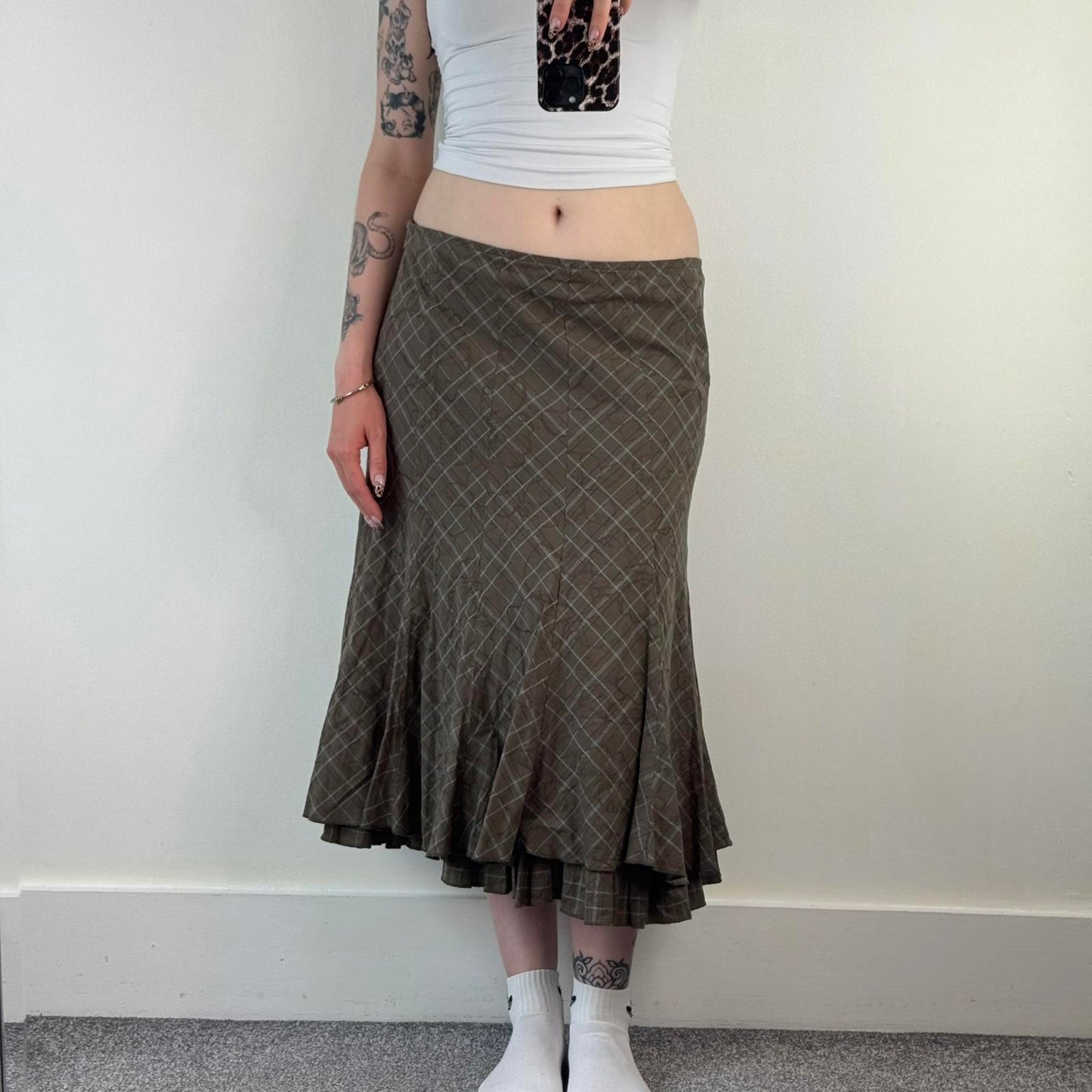 Y2K vintage tartan floral embroidered maxi skirt a line flowy fit double hemline