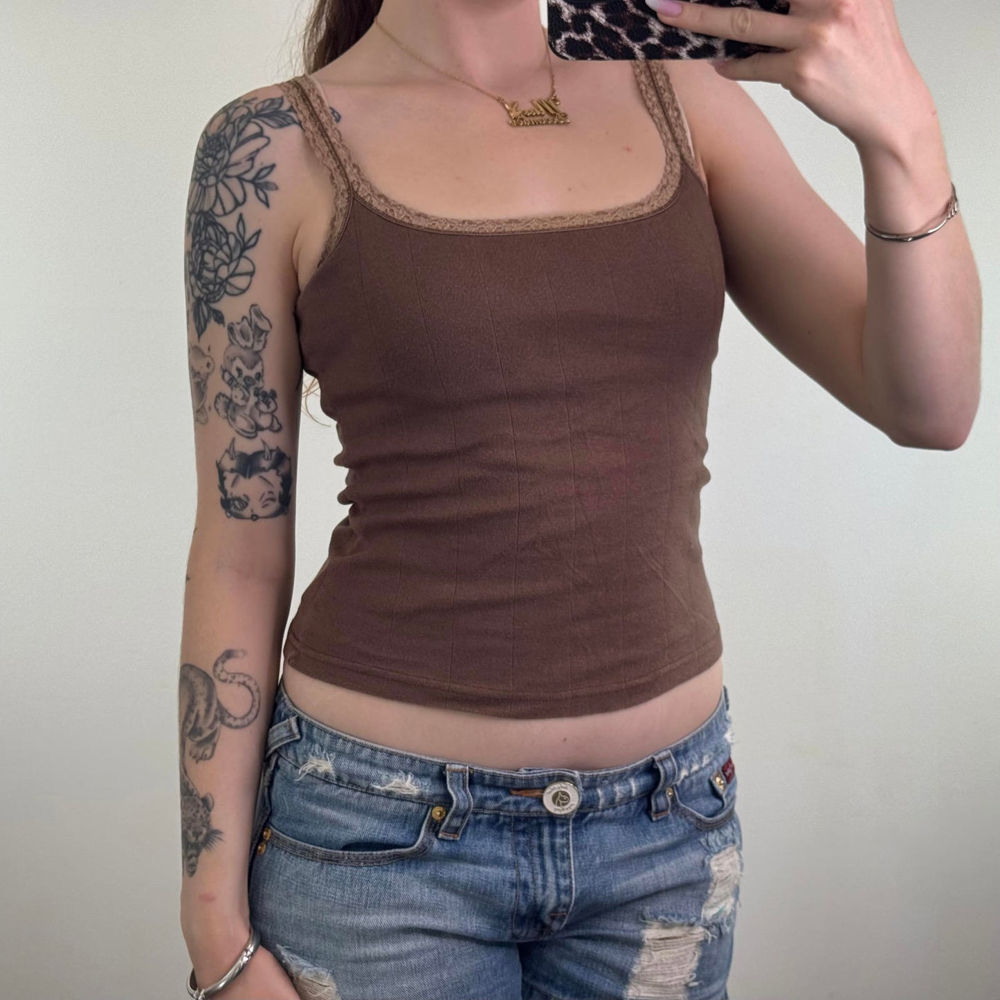 Y2K vintage Tammy cami top stretchy fitted lace trim brown stripe