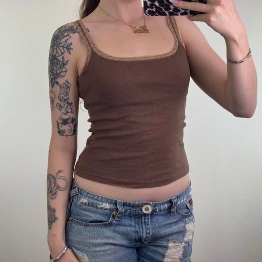 Y2K vintage Tammy cami top stretchy fitted lace trim brown stripe