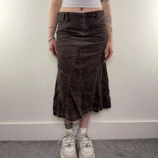 Y2K vintage corduroy cargo maxi skirt fraying hem buckle a line