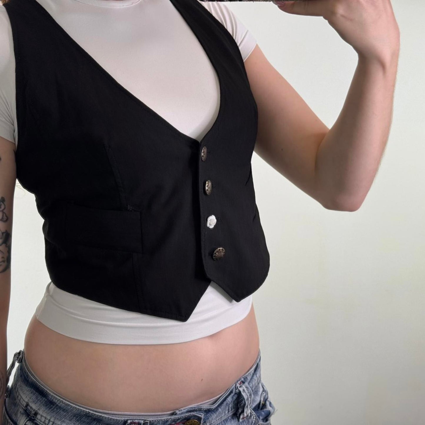 Y2K vintage waistcoat top striped low cut bust v neck buttons flower cropped