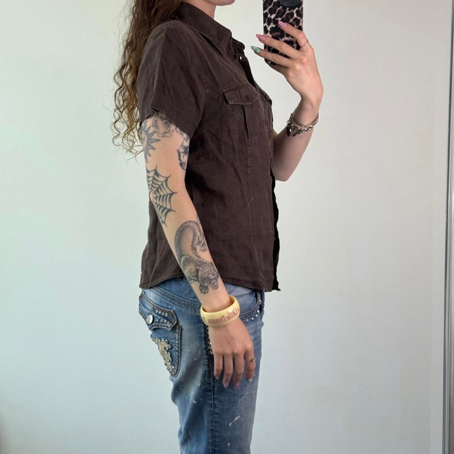 Y2K vintage 100% linen button up short sleeve shirt blouse cargo pockets