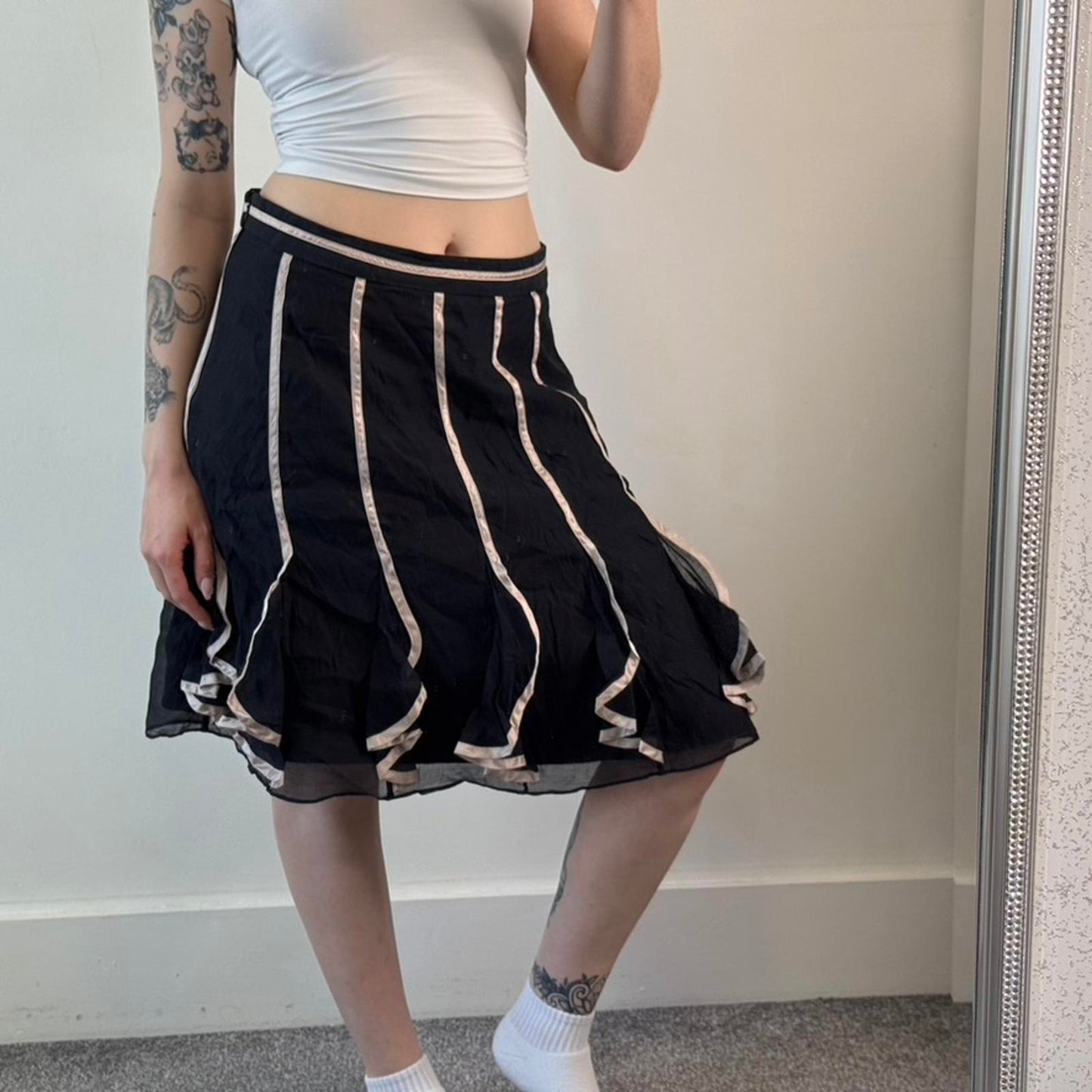Y2K vintage part silk midi skirt black pink stripe ruffle knee length a line fit
