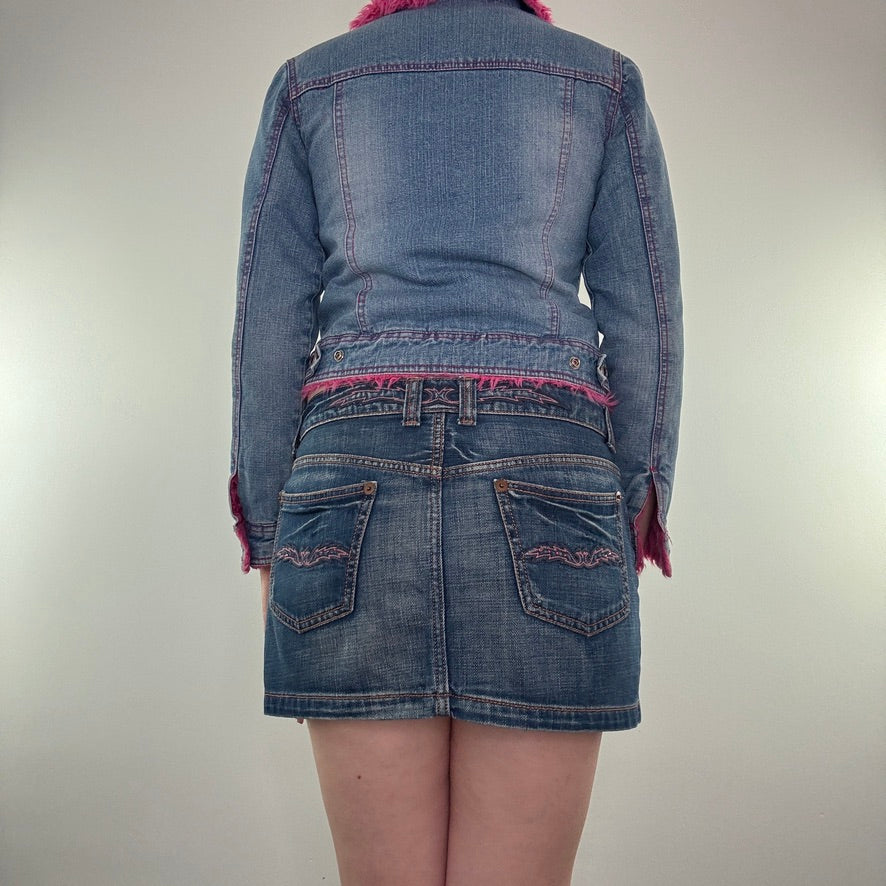 Y2K vintage denim pink faux fur rhinestone denim jacket