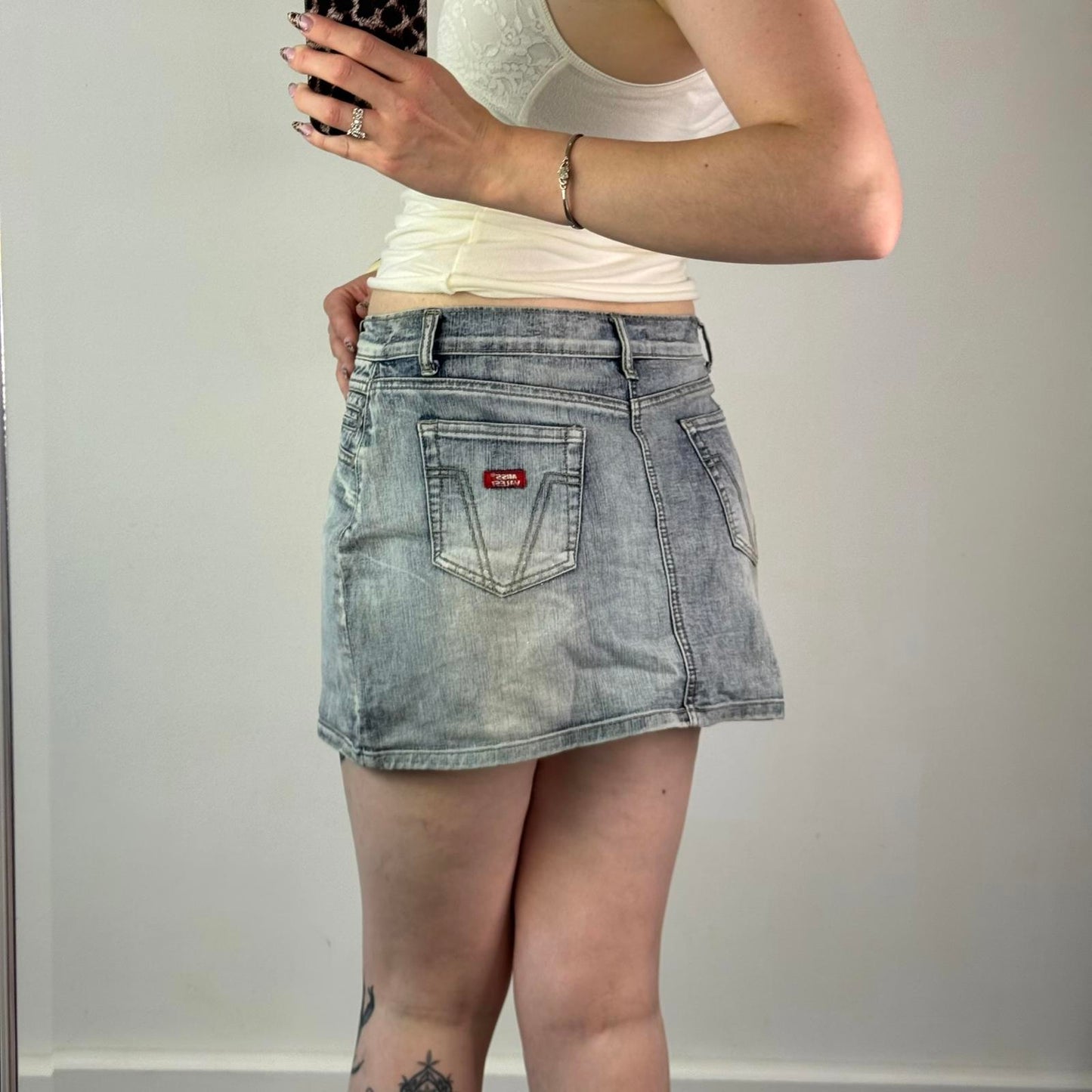 Y2K vintage sparkly glitter denim mini skirt stretchy light blue faded mid rise