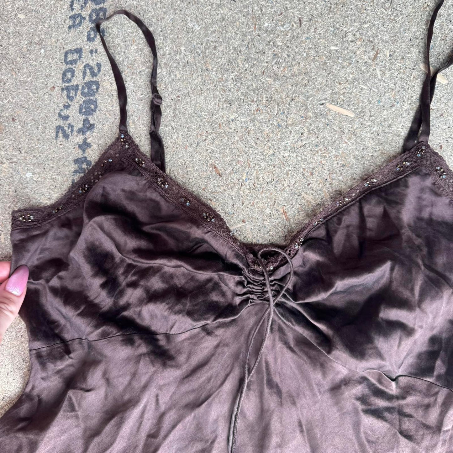 Y2K vintage 100% silk beaded floaty cami top lace trim strappy v neck
