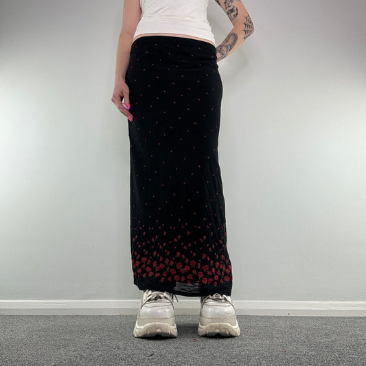 Y2K mesh overlay ditsy floral maxi skirt